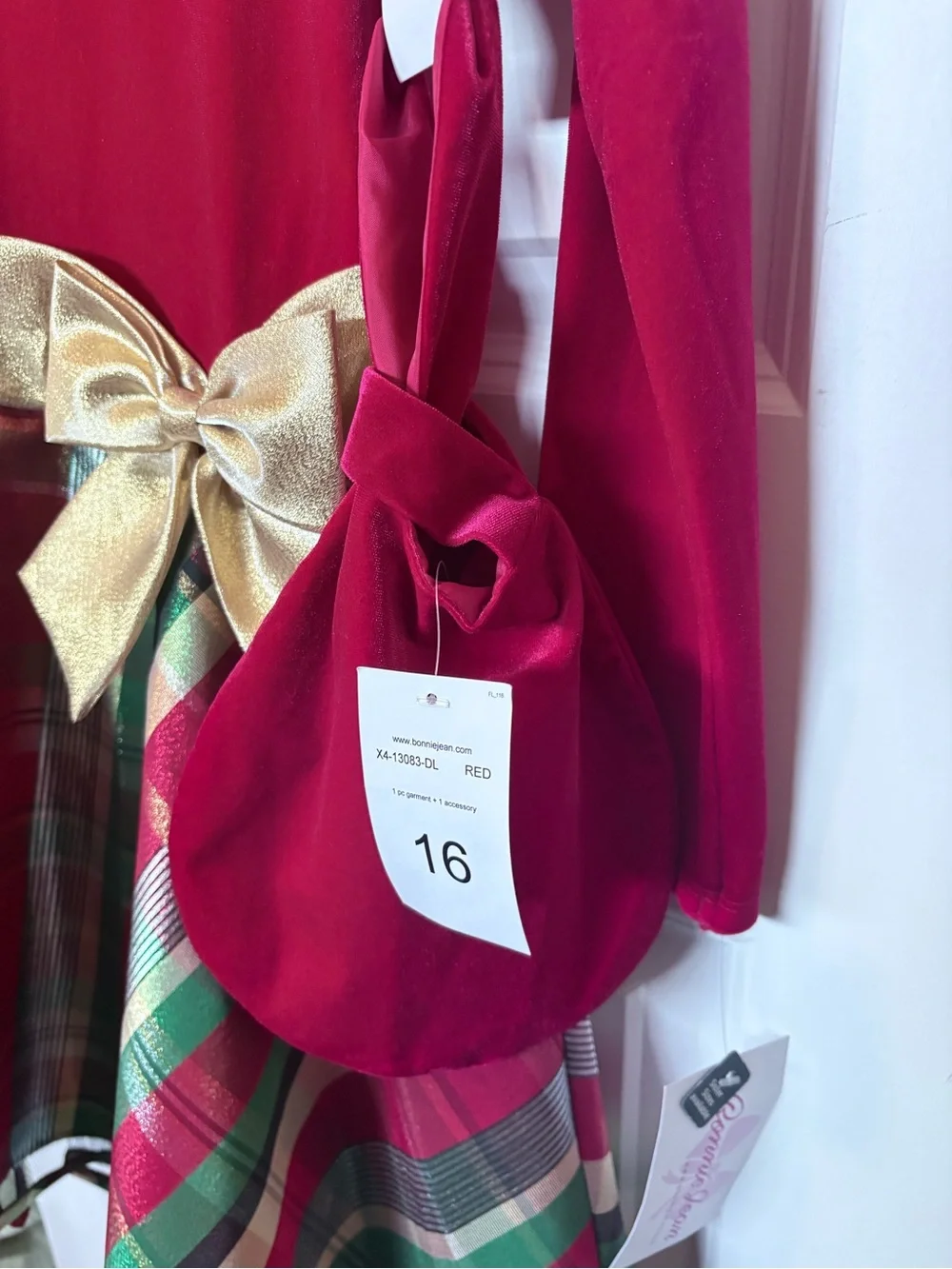 Bonnie Jean Red Velvet Top Plaid Skirt Dress with Gold Bow and bag